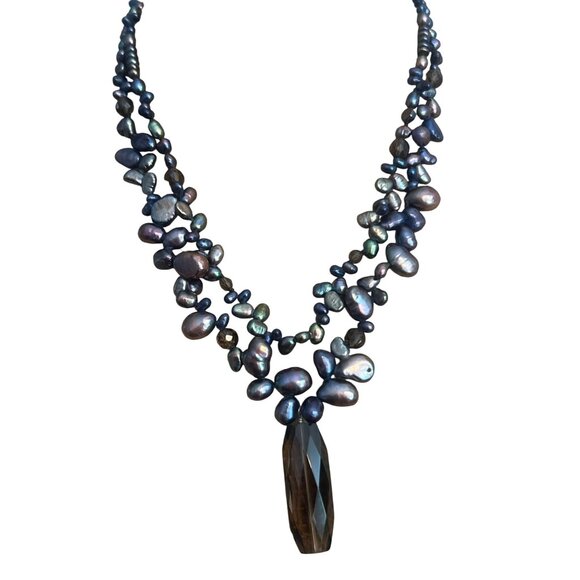 Black Iridescent Freshwater Pearl Sterling Silver Necklace Glass Pendant Estate - Picture 1 of 5